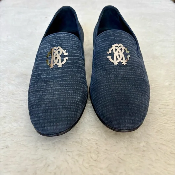 Roberto Cavalli Textured Navy Silver Logo Slip On Men’sshoes size 41 US 8